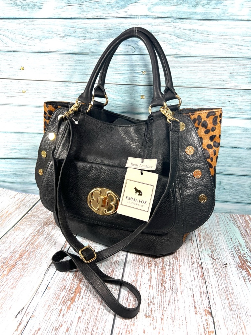 🦊 EMMA FOX BLACK LEATHER TOTE WITH LEOPARD PRINT SIDES AND GOLD HARDWARE